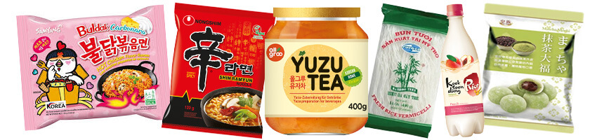 Aufreihung verschiedener asiatischer Lebensmittel aus dem Sortiment von go asia